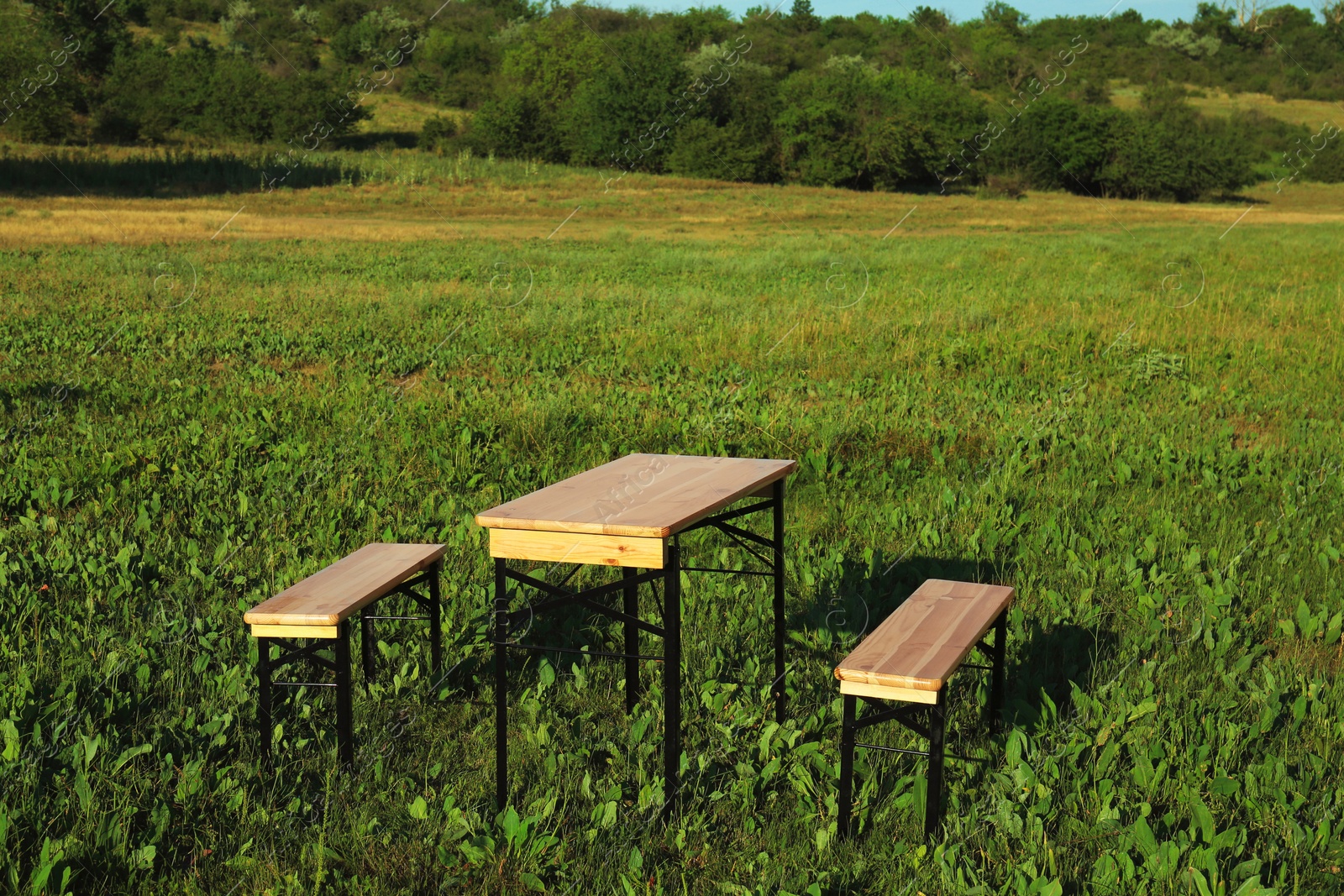 Photo of Wooden picnic table with benches in field on sunny day