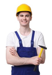 Photo of Professional repairman holding hammer on white background