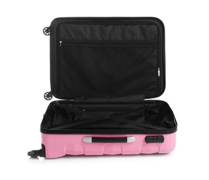 Photo of Open trendy pink suitcase on white background