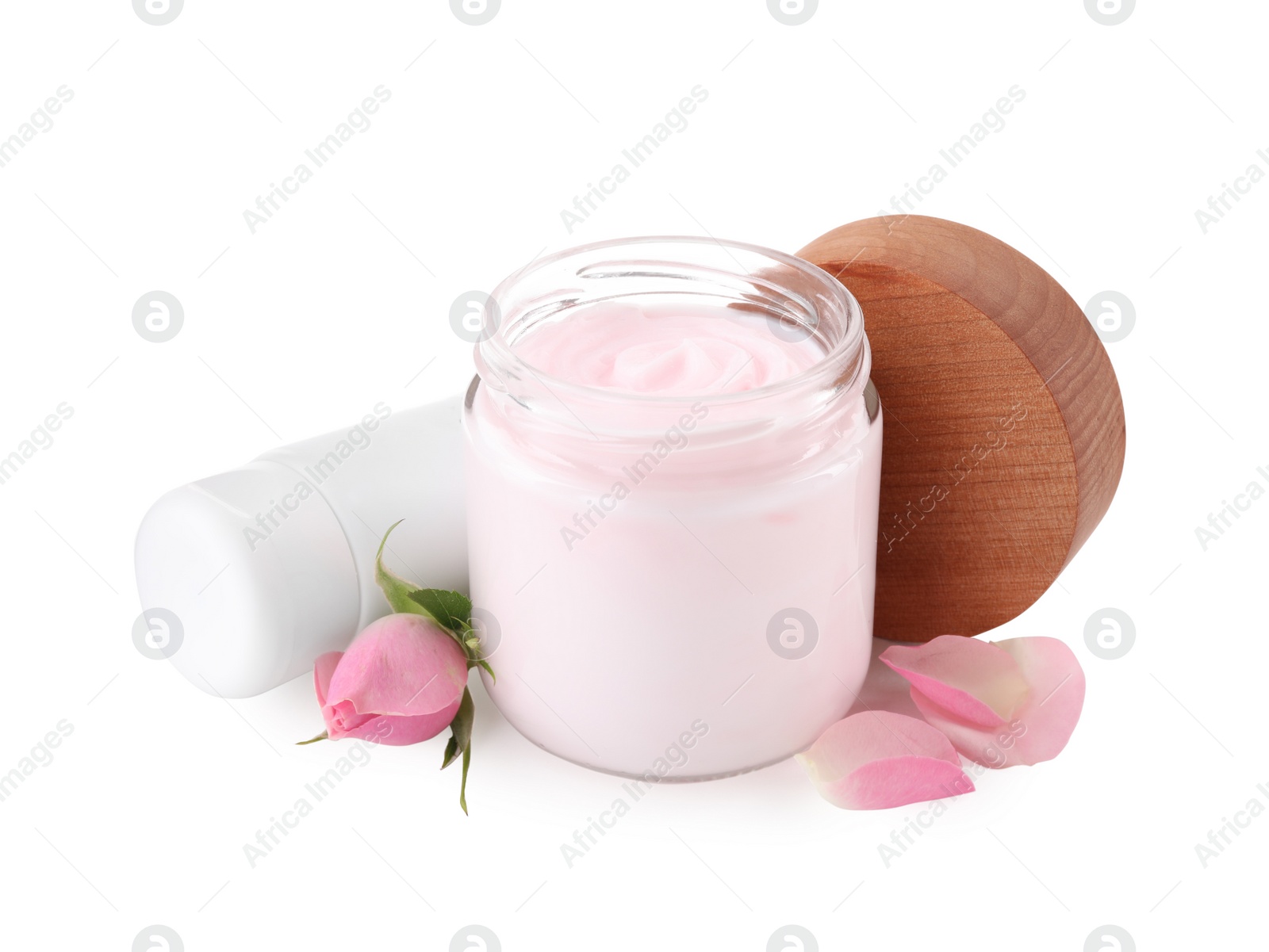 Photo of Different hand care cosmetic products and roses on white background