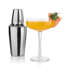 Photo of Metal shaker and delicious cocktail isolated on white