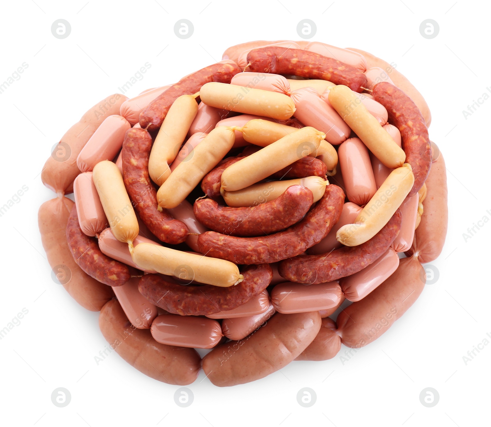 Photo of Many fresh raw sausages isolated on white, top view. Meat product