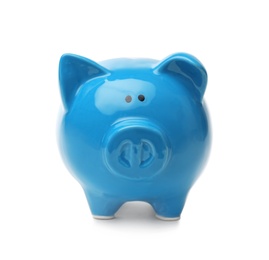 Photo of Blue piggy bank on white background. Money saving
