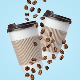 Image of Coffee to go. Paper cups and roasted beans flying on light blue background