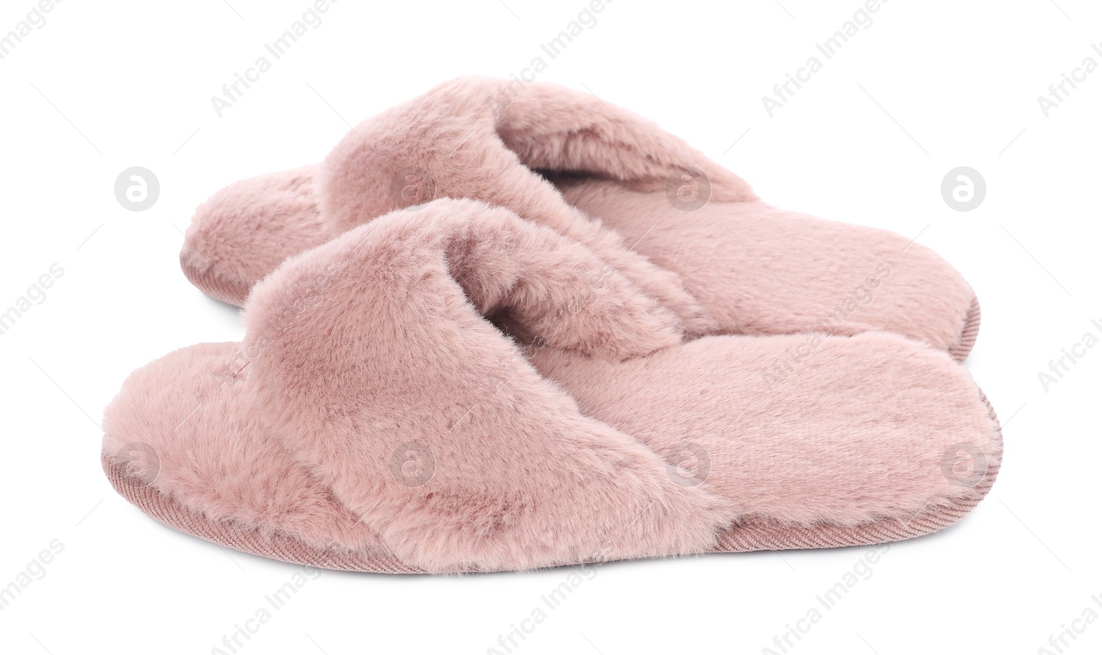 Photo of Pair of pink soft slippers isolated on white