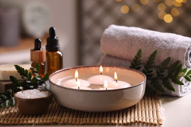 Photo of Beautiful composition with different spa products on table, closeup