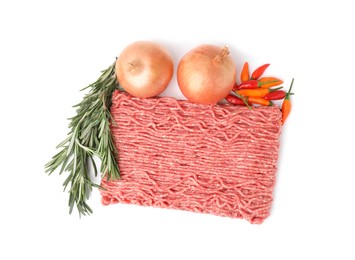 Photo of Fresh raw ground meat, rosemary, onion and chili peppers isolated on white, top view