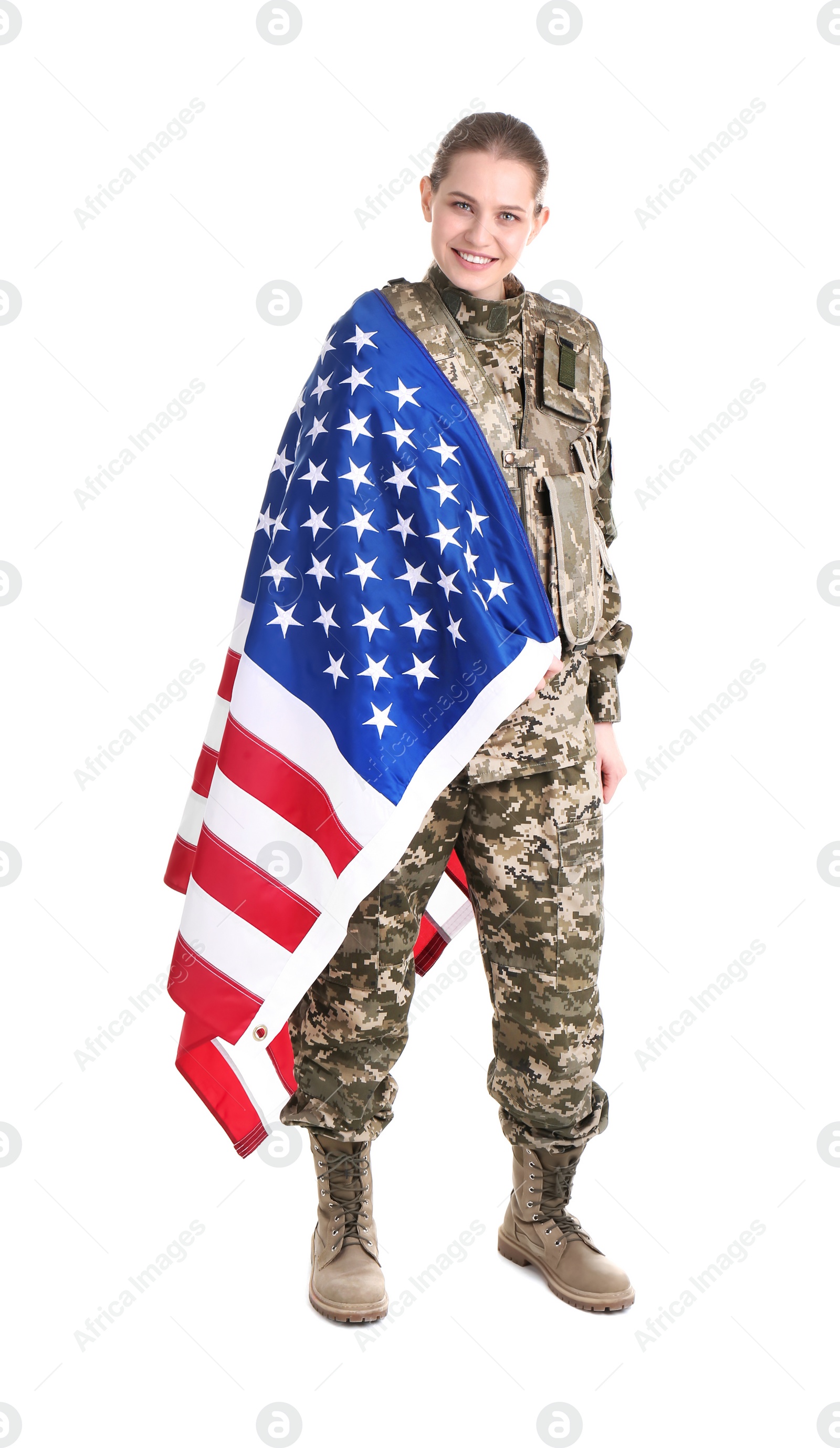 Photo of Female soldier with American flag on white background. Military service