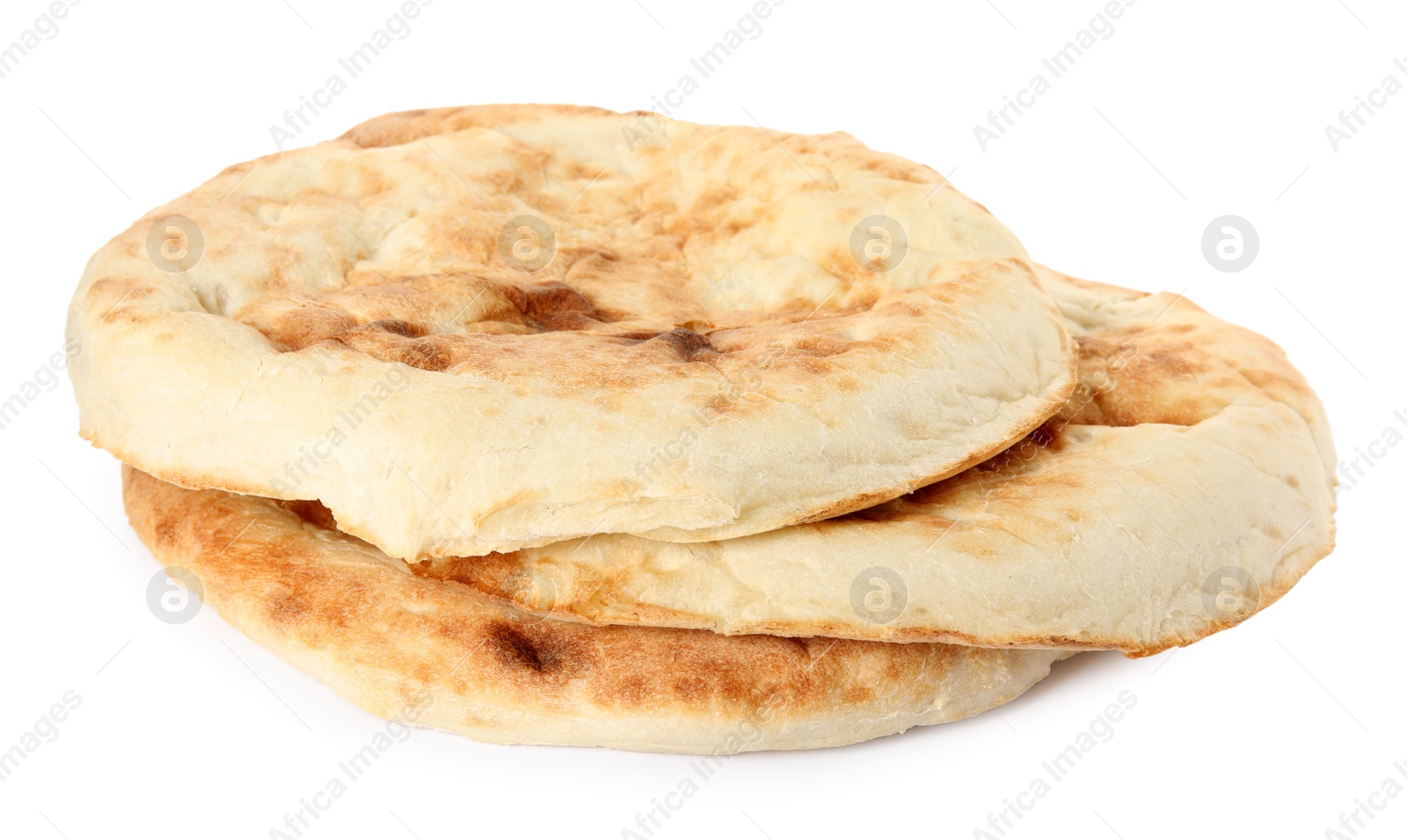 Photo of Loaves of delicious fresh pita bread on white background