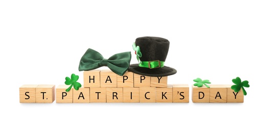 Photo of Words Happy St. Patrick's day and festive decor on white  background