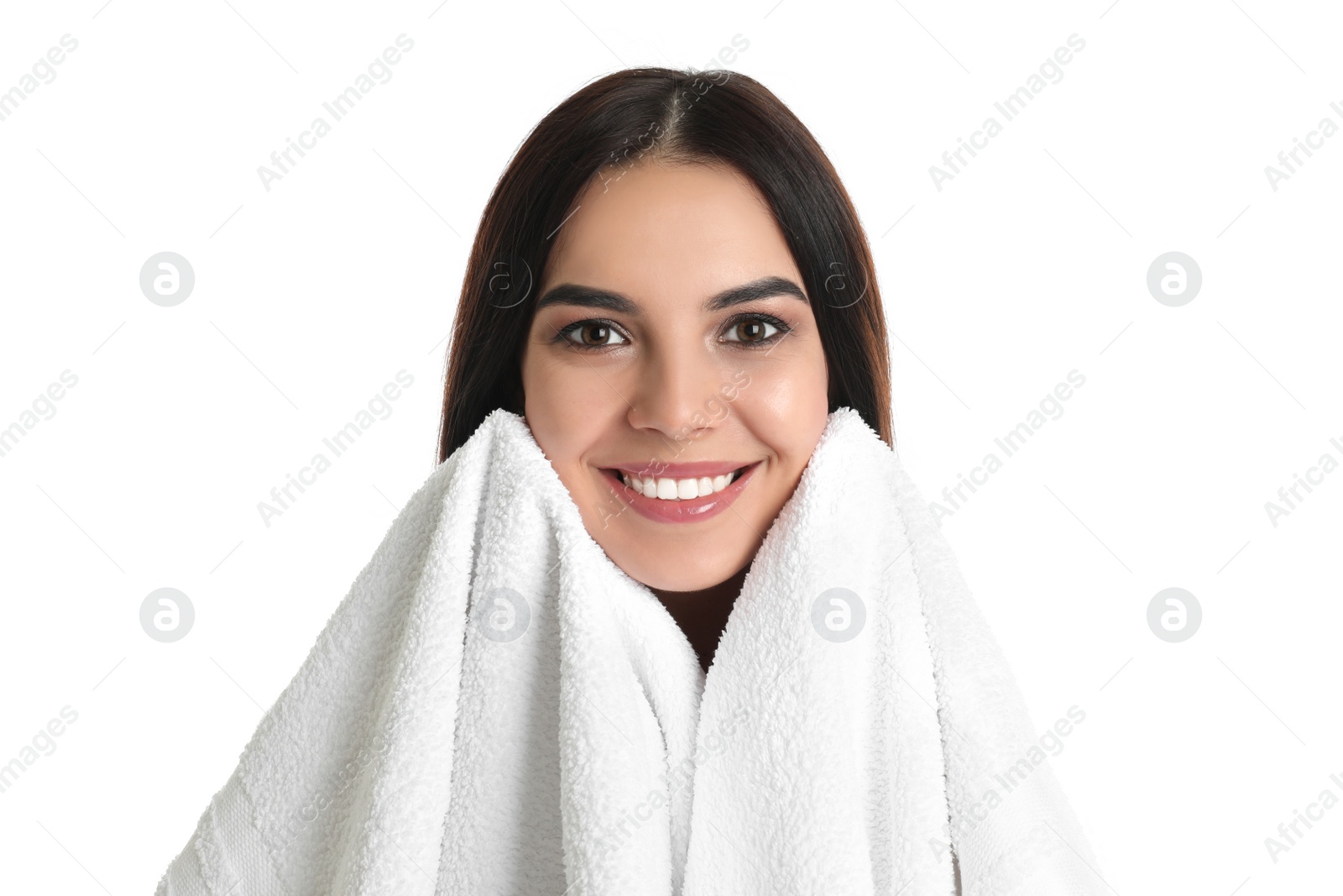 Photo of Young woman wiping face with towel on white background