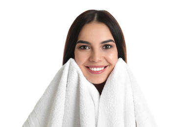 Photo of Young woman wiping face with towel on white background