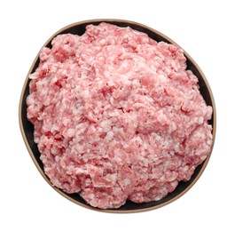 Photo of Bowl with raw fresh minced meat isolated on white, top view