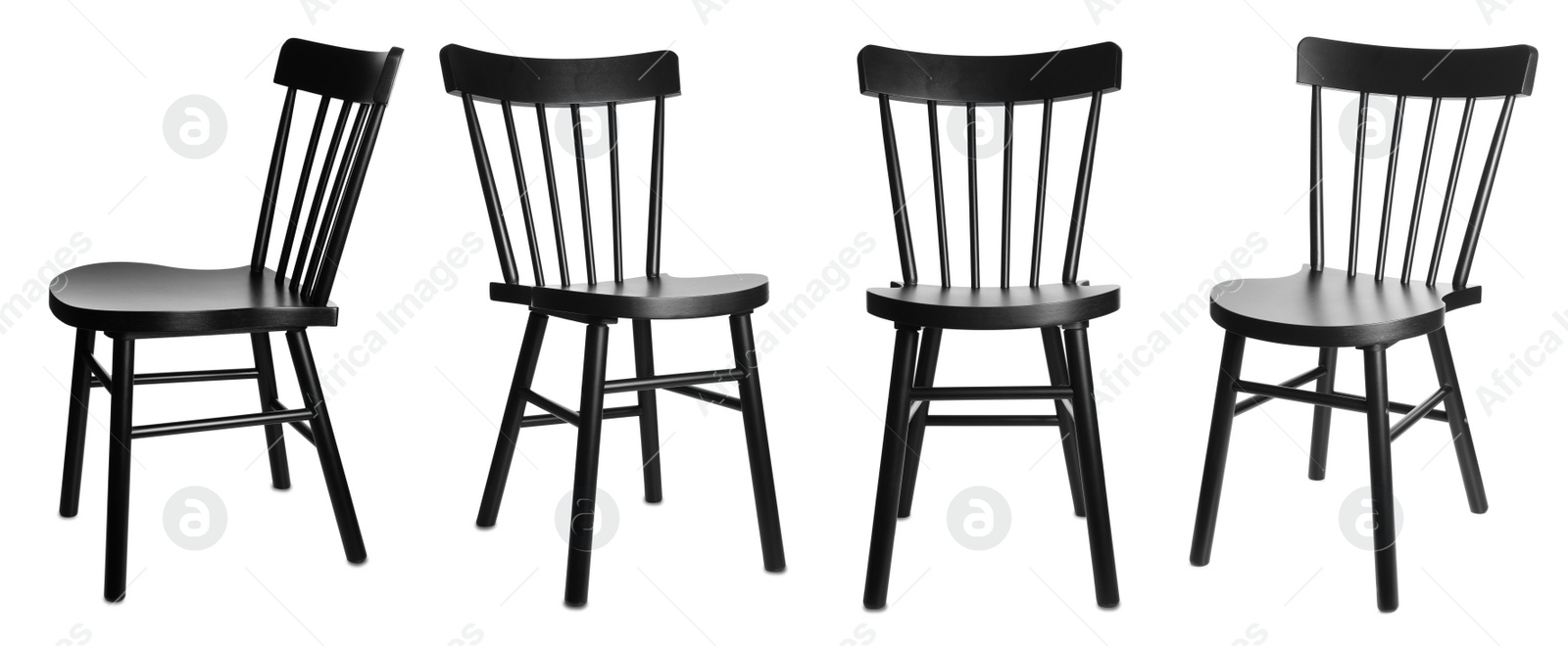 Image of Set with stylish black chairs on white background. Banner design