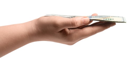 Photo of Money exchange. Woman holding dollar banknotes on white background, closeup