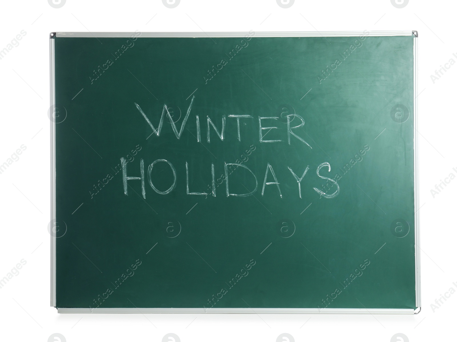 Photo of Green chalkboard with text Winter Holidays isolated on white