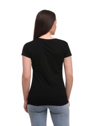 Woman wearing stylish black T-shirt on white background, back view