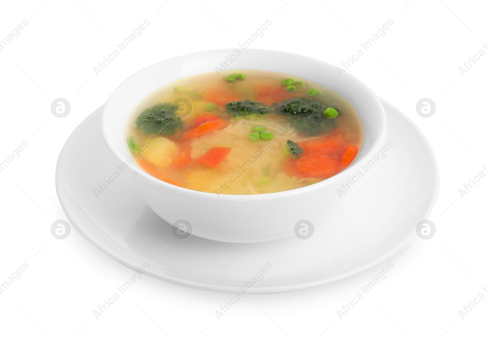 Photo of Delicious vegetable soup with noodles isolated on white