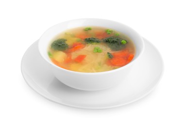 Photo of Delicious vegetable soup with noodles isolated on white