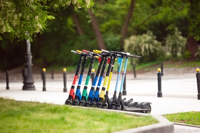 Photo of Row of electric scooters in park. Rental service