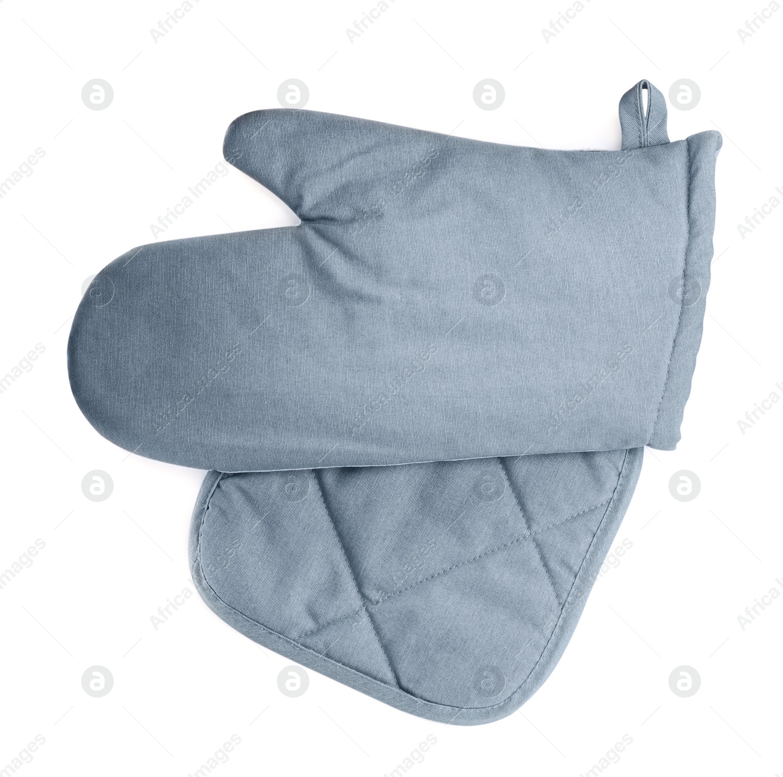 Photo of Oven glove and potholder for hot dishes on white background, top view