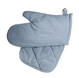 Oven glove and potholder for hot dishes on white background, top view