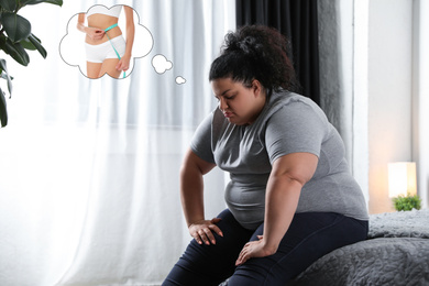 Image of Sad overweight woman dreaming about slim body at home