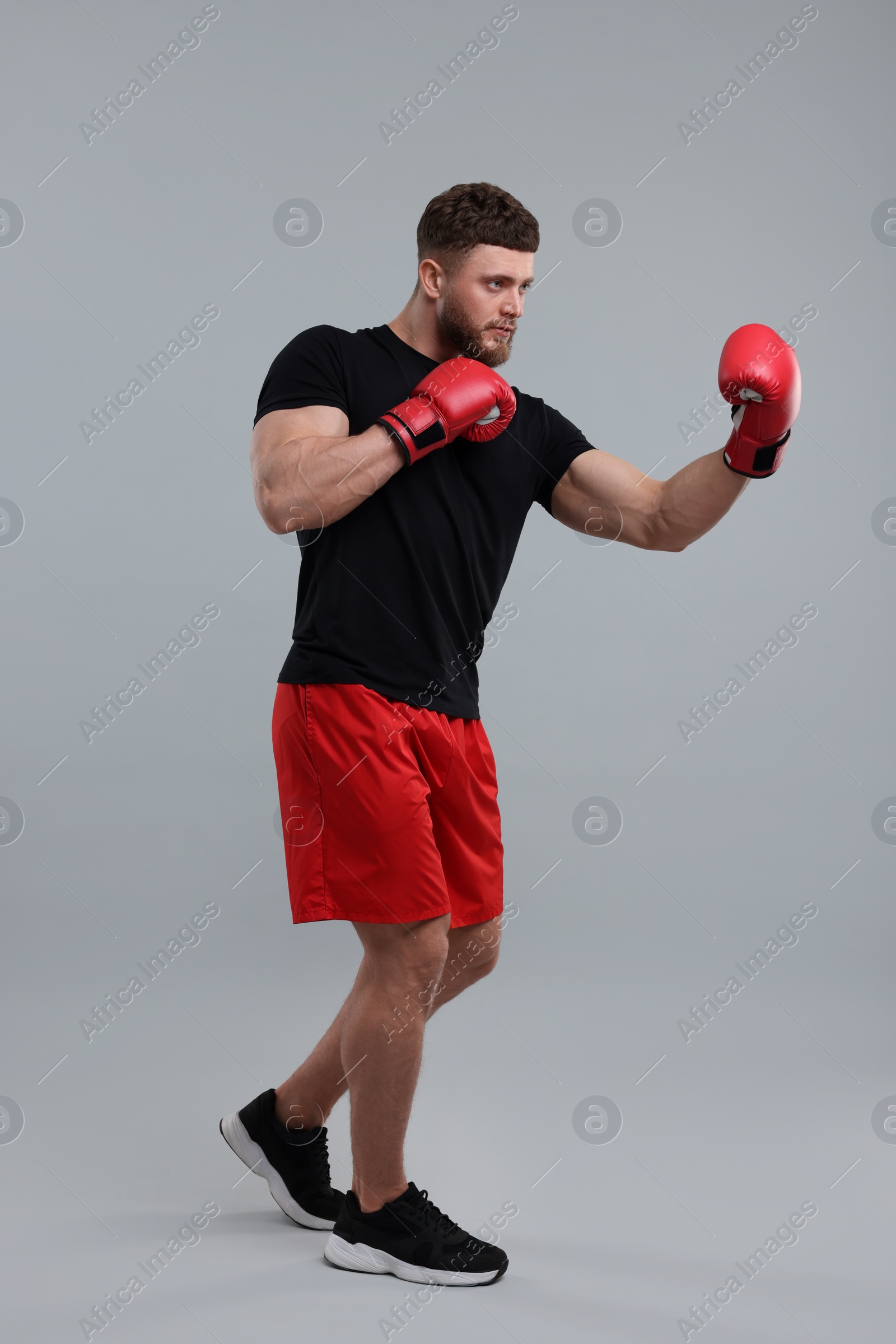 Photo of Man in boxing gloves fighting on grey background