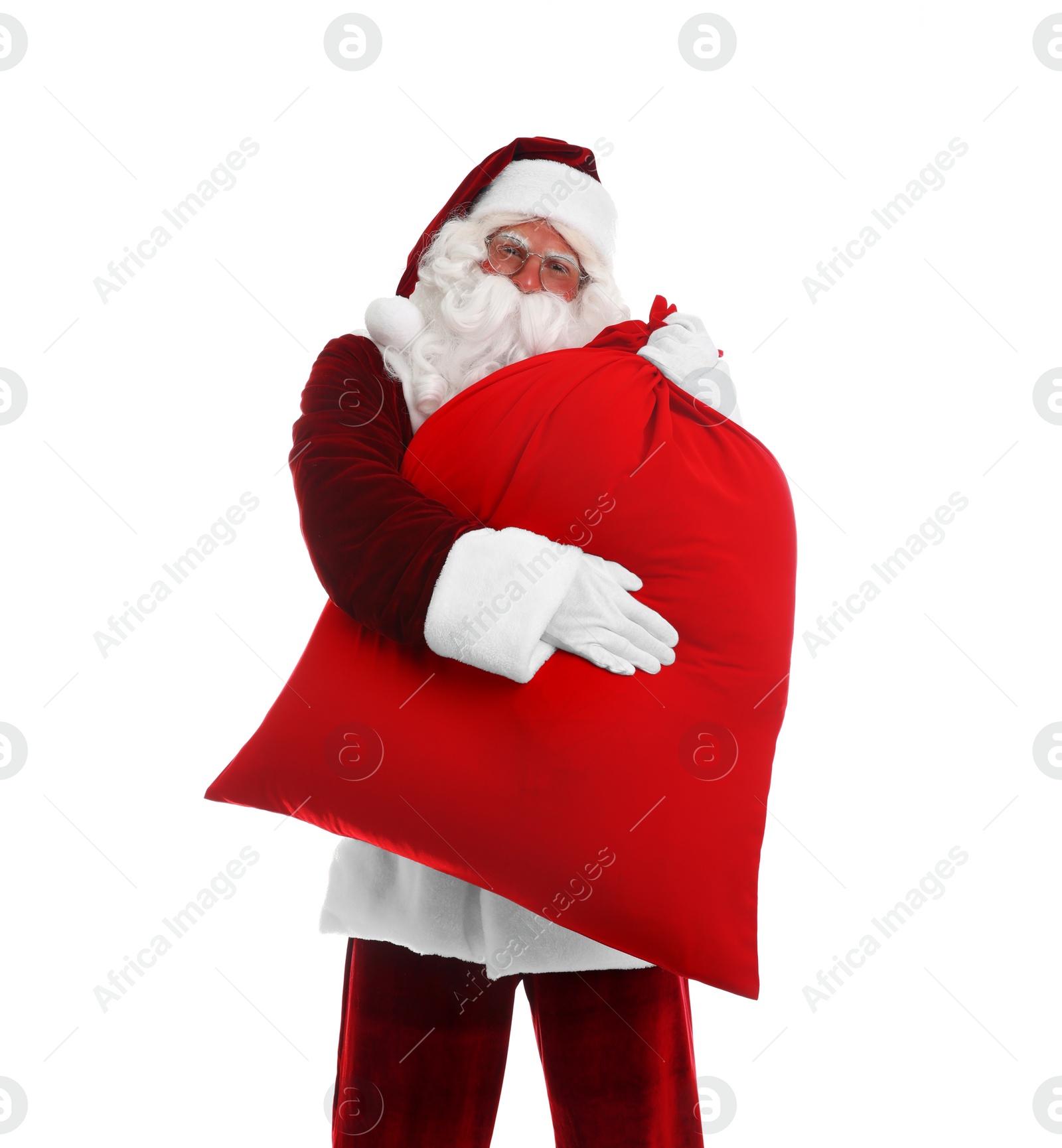 Photo of Santa Claus with sack on white background