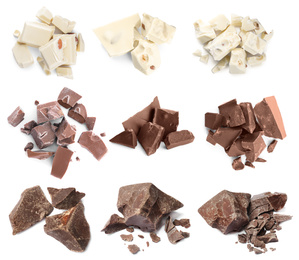 Image of Set with delicious chocolate chunks on white background