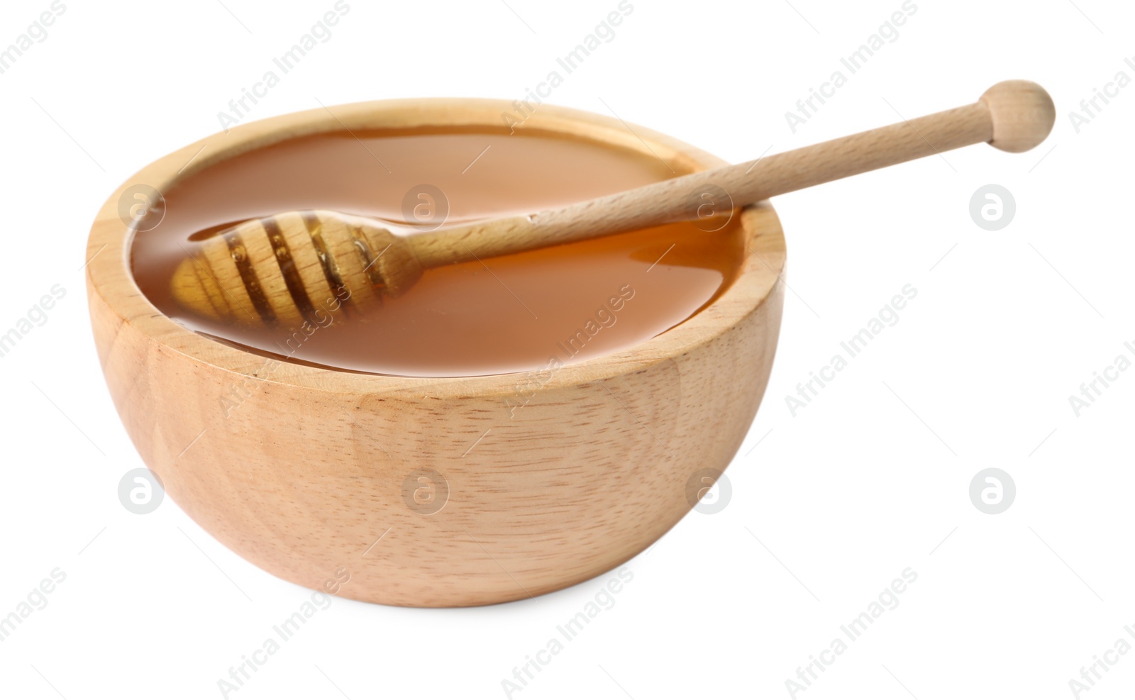 Photo of Tasty honey in bowl and dipper isolated on white