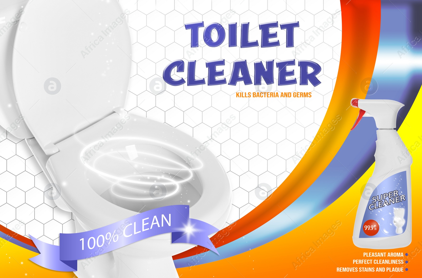 Image of Toilet cleaner and shiny unstained bowl, ad design  