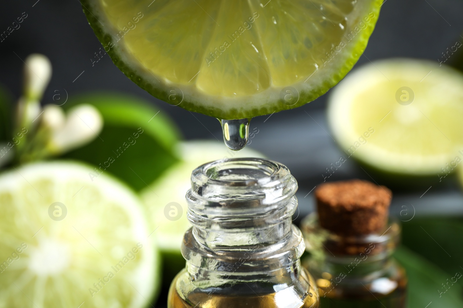 Photo of Citrus essential oil dripping from lime slice into bottle, closeup