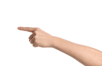 Photo of Man pointing at something on white background, closeup of hand