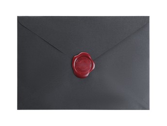 Photo of Black envelope with wax seal isolated on white, top view