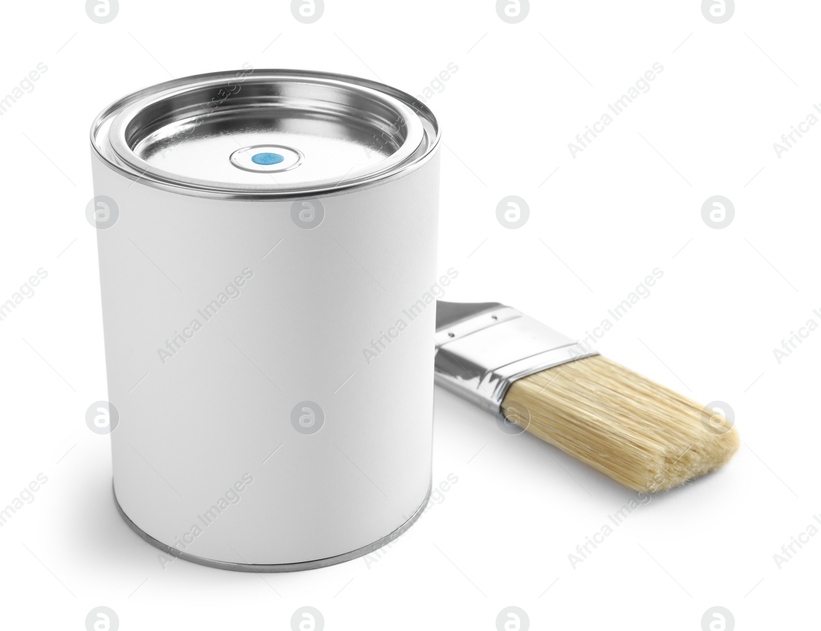 Photo of Closed blank can of paint with brush isolated on white