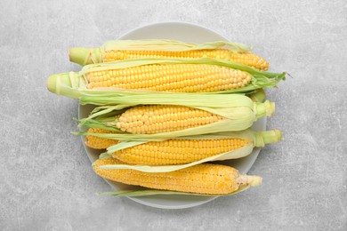 Photo of Plate of fresh corncobs with green husks on grey table, top view