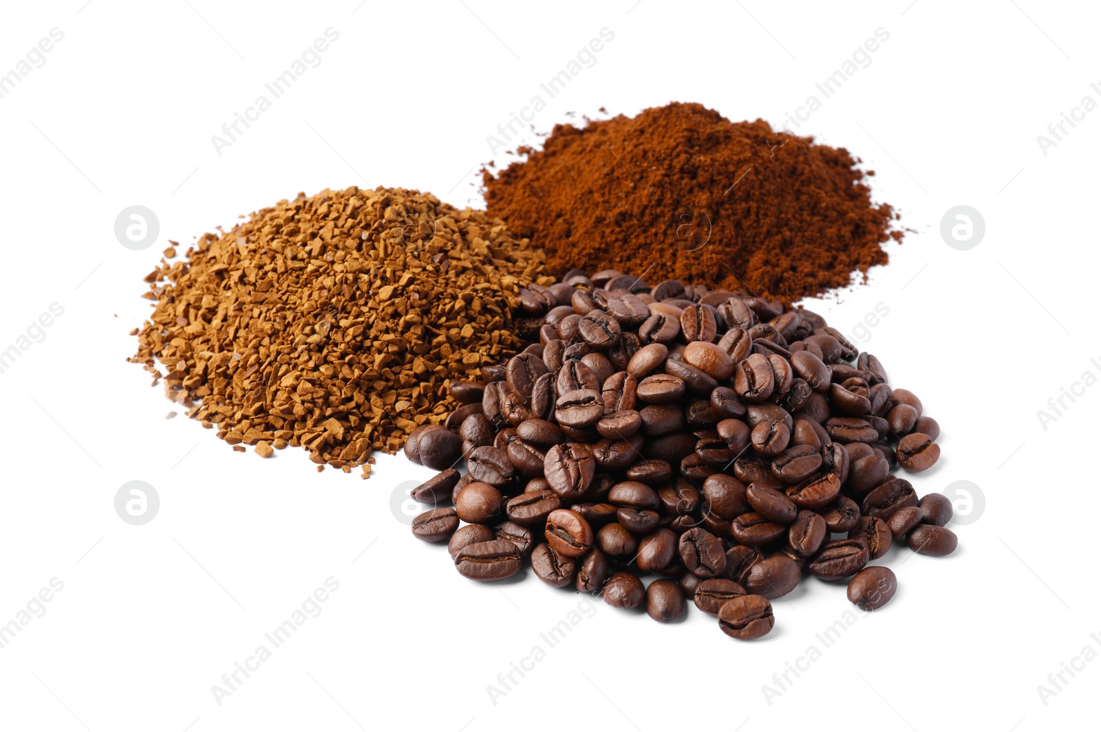 Photo of Beans, instant and ground coffee on white background