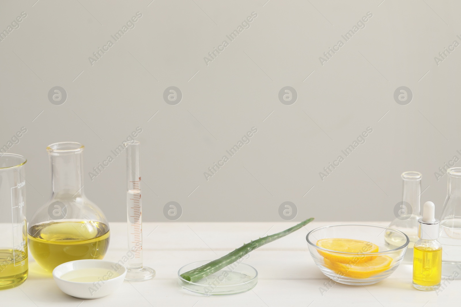 Photo of Developing cosmetic oil. Petri dish with aloe and laboratory dishware on white table, space for text