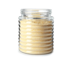 Photo of Jar of corn flour isolated on white