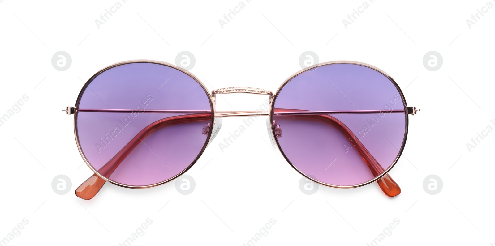 Photo of Beautiful stylish protective sunglasses isolated on white, top view
