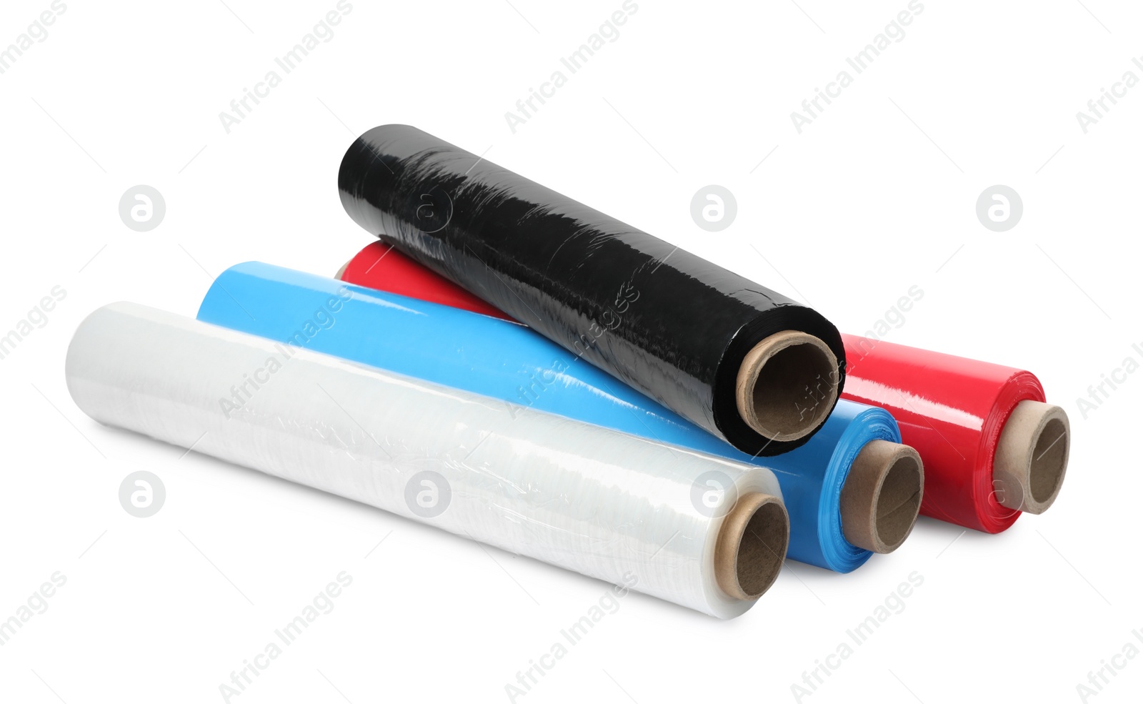 Photo of Different plastic stretch wrap films on white background