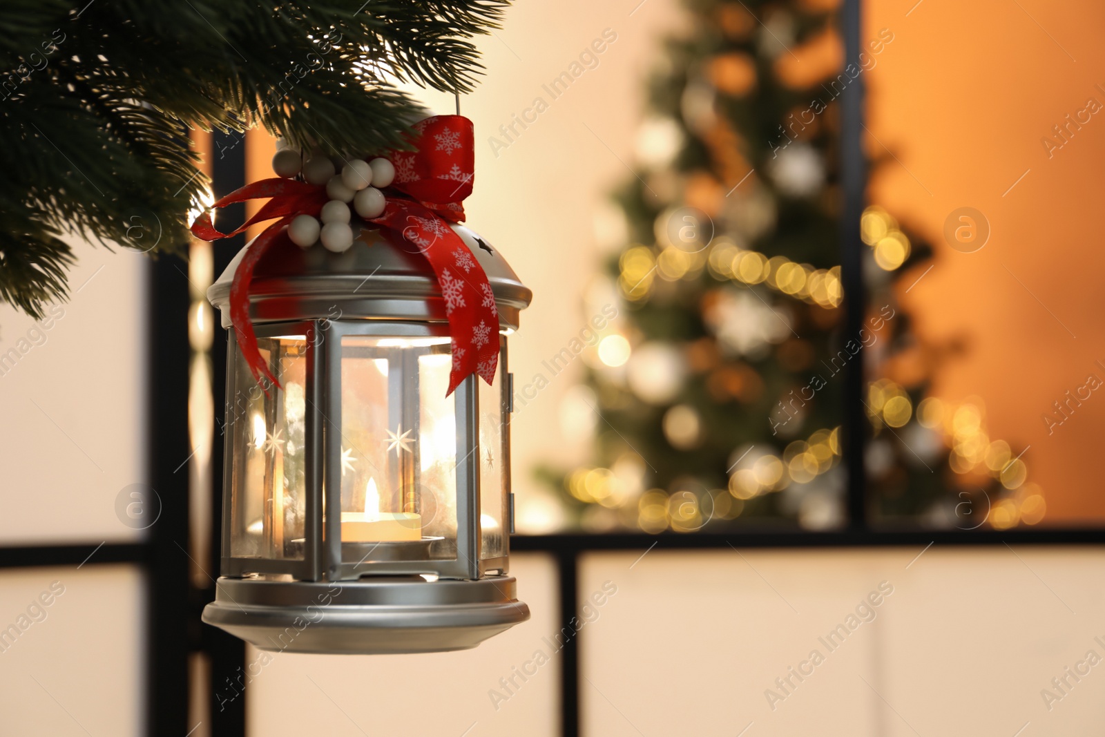 Photo of Vintage Christmas lantern with burning candle hanging on fir branch against blurred background. Space for text