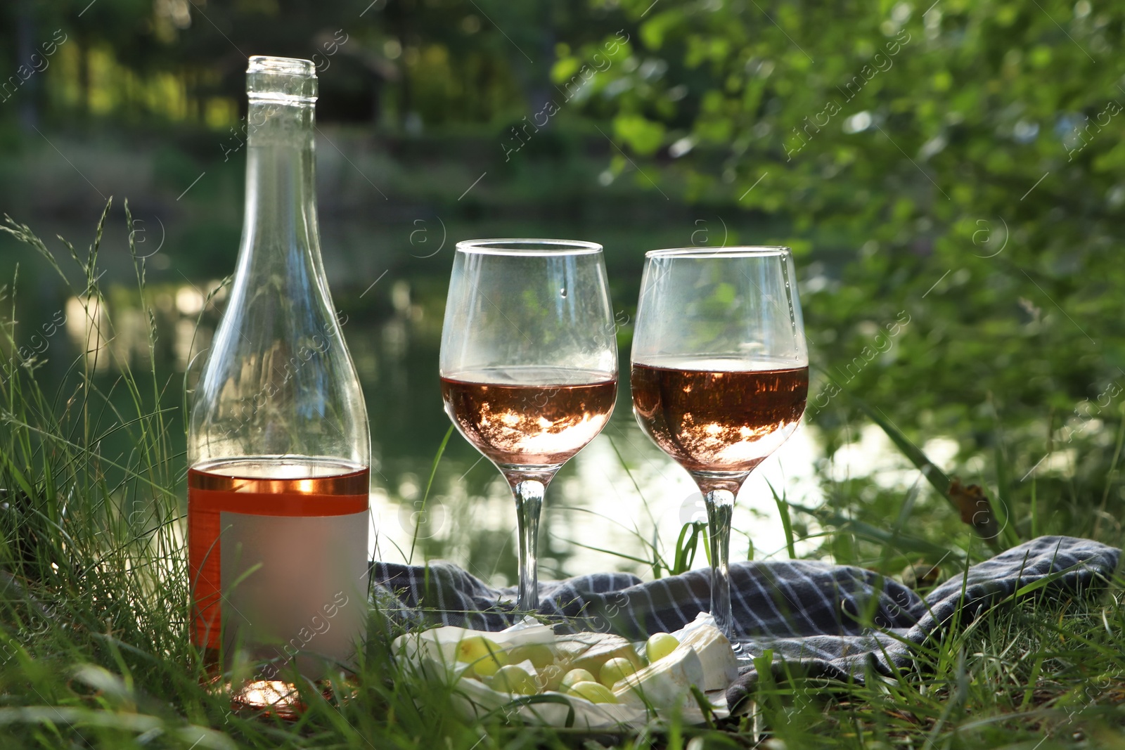 Photo of Delicious rose wine, cheese and grapes on picnic blanket near lake