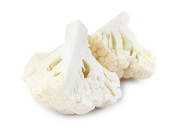 Photo of Cut fresh raw cauliflowers on white background