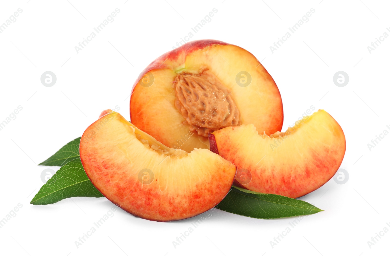 Photo of Sweet juicy cut peaches with leaves on white background