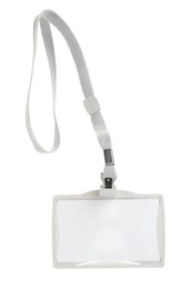 Photo of Blank badge with grey string isolated on white