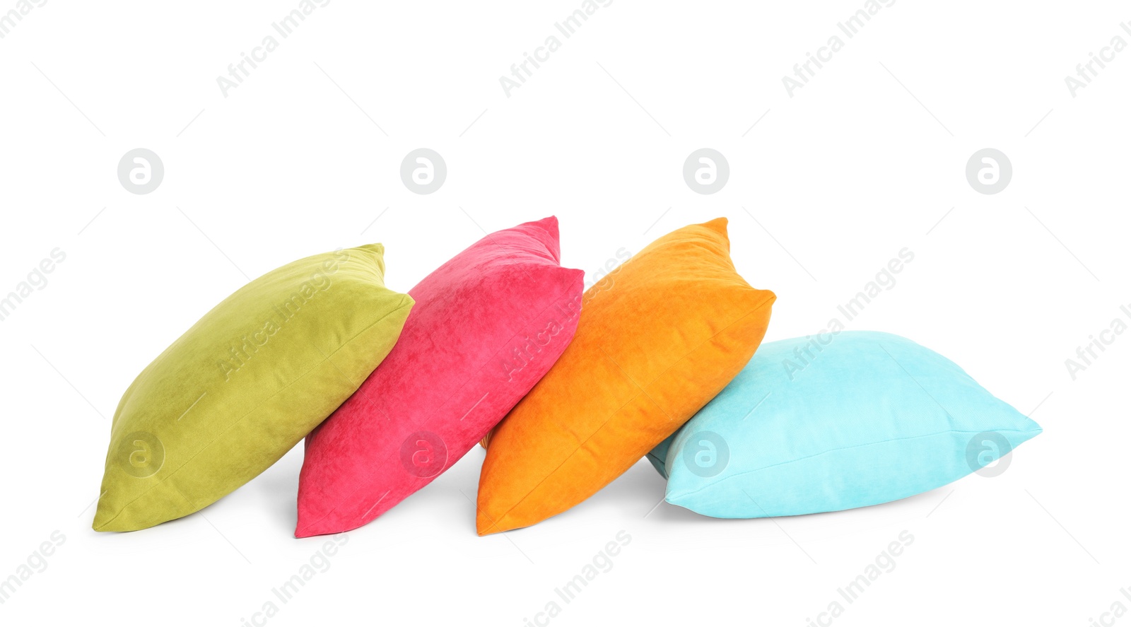 Photo of Different colorful decorative pillows on white background