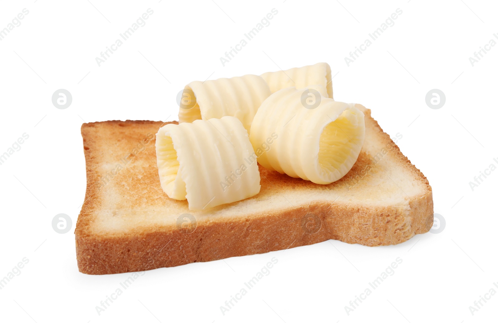 Photo of Tasty butter curls and toast isolated on white