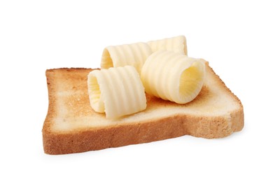 Tasty butter curls and toast isolated on white